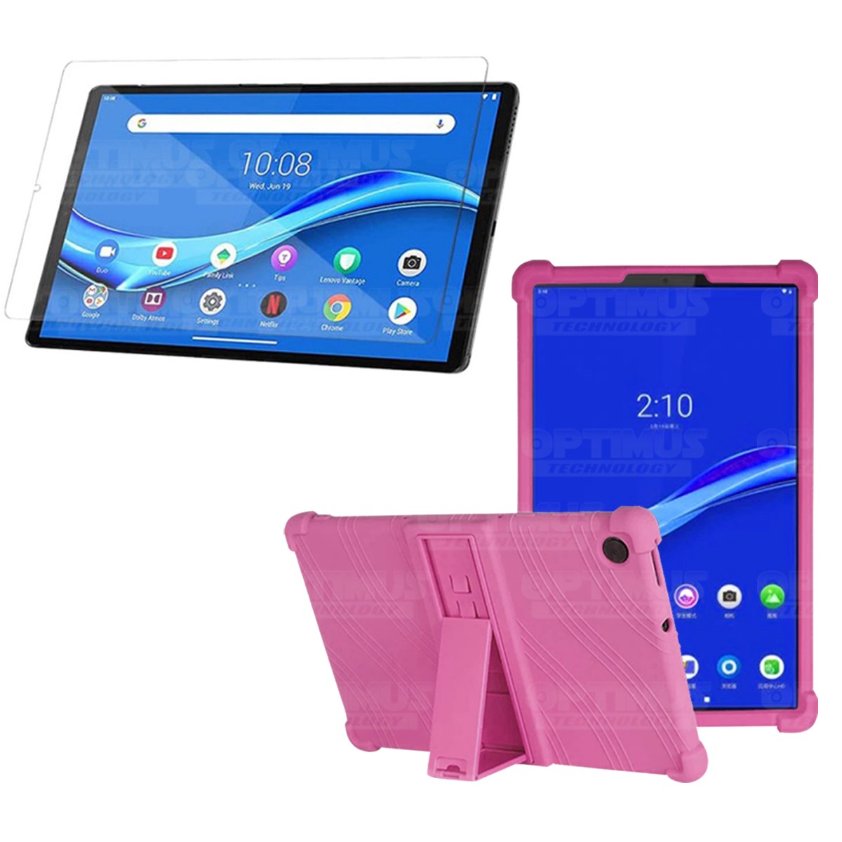 Kit Vidrio templado y Estuche Protector de goma antigolpes con soporte Tablet Lenovo m10 plus tb-x606f OPTIMUS TECHNOLOGY™ - 1