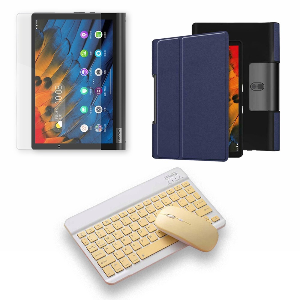 Kit Vidrio templado + Case Forro Protector + Teclado y Mouse Ratón Bluetooth para Tablet Lenovo Yoga Smart Tab Yt-x 705f OPTIMUS