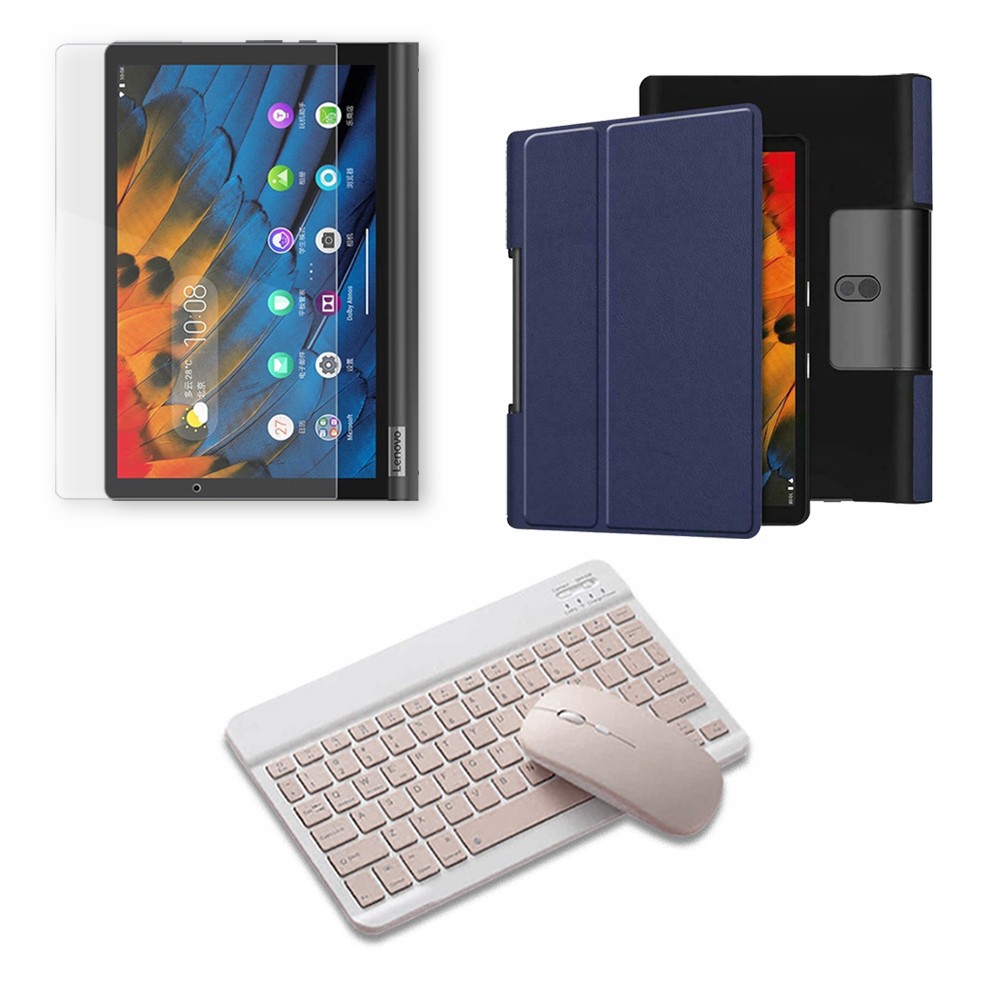 Kit Vidrio templado + Case Forro Protector + Teclado y Mouse Ratón Bluetooth para Tablet Lenovo Yoga Smart Tab Yt-x 705f OPTIMUS