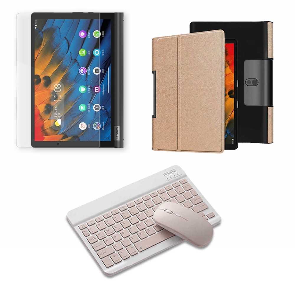 Kit Vidrio templado + Case Forro Protector + Teclado y Mouse Ratón Bluetooth para Tablet Lenovo Yoga Smart Tab Yt-x 705f OPTIMUS