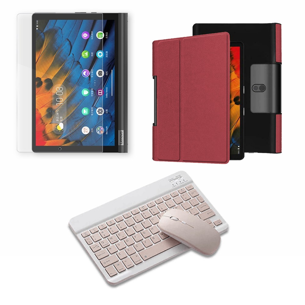 Kit Vidrio templado + Case Forro Protector + Teclado y Mouse Ratón Bluetooth para Tablet Lenovo Yoga Smart Tab Yt-x 705f OPTIMUS