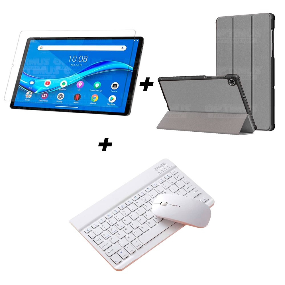Kit Vidrio templado + Case Forro Protector + Teclado y Mouse Ratón Bluetooth para Tablet Lenovo M10 Plus Tb-x606f