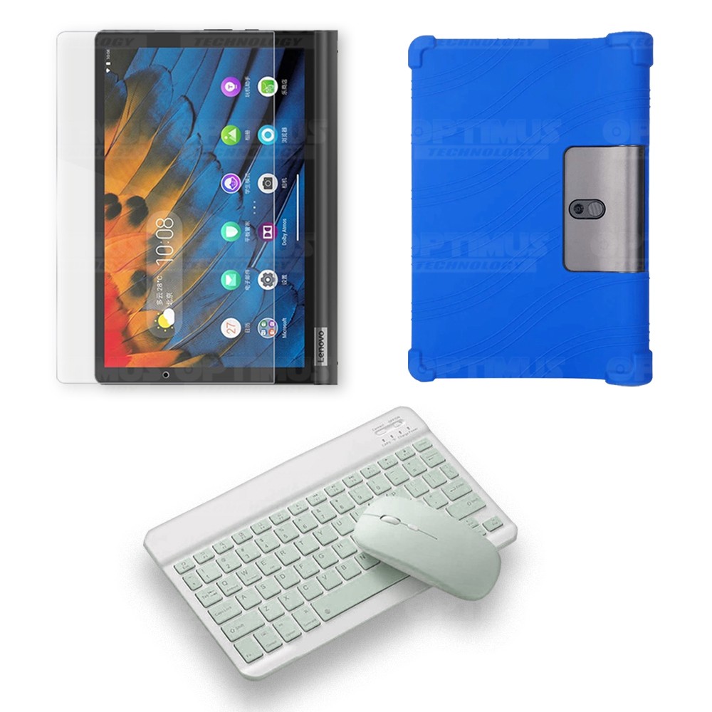 Kit Vidrio templado + Estuche Protector Goma + Teclado y Mouse Ratón Bluetooth para Tablet Lenovo Yoga Smart Tab Yt-x 705f OPTIM