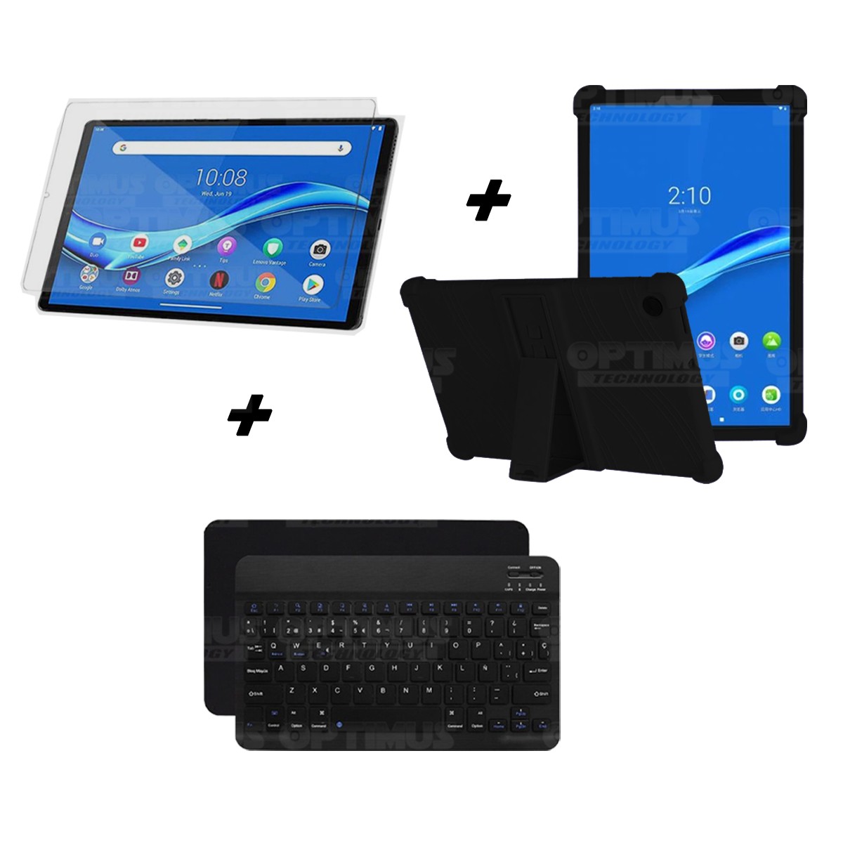 Kit Vidrio templado + Estuche Protector Goma + Teclado y Mouse Ratón Bluetooth para Tablet Lenovo M10 Plus Tb-x606f OPTIMUS TECH