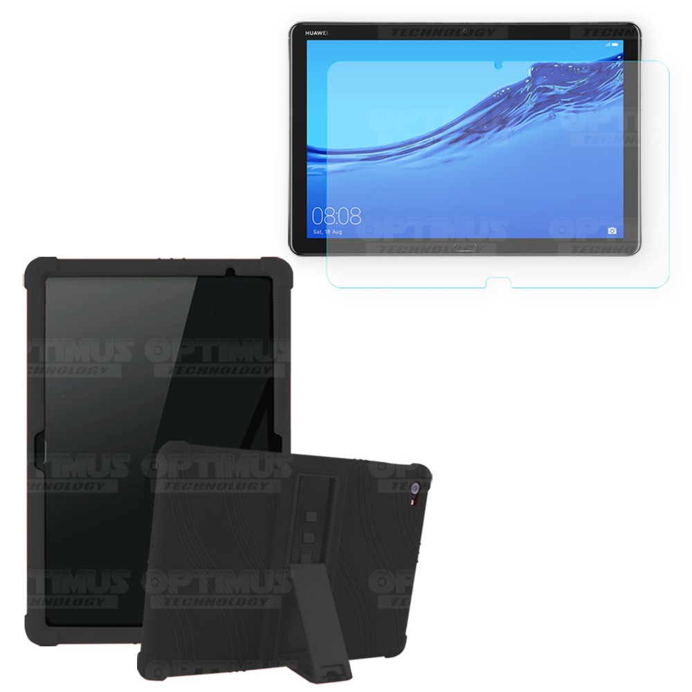 Kit Vidrio templado y Estuche Protector de goma antigolpes con soporte Tablet Huawei Mediapad M5 Lite 10.1 OPTIMUS TECHNOLOGY™ -