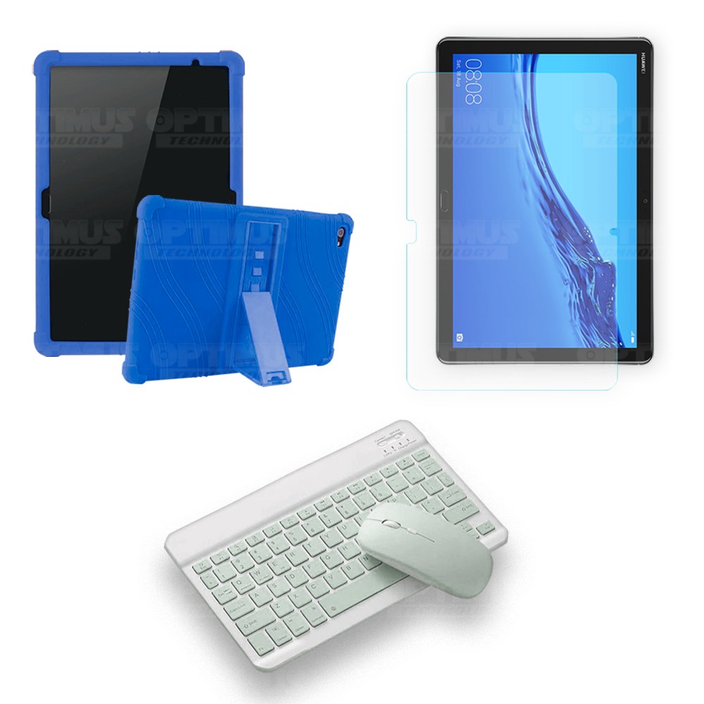Kit Vidrio templado + Estuche Protector Goma + Teclado y Mouse Ratón Bluetooth para Tablet Huawei Mediapad M5 Lite 10.1 OPTIMUS