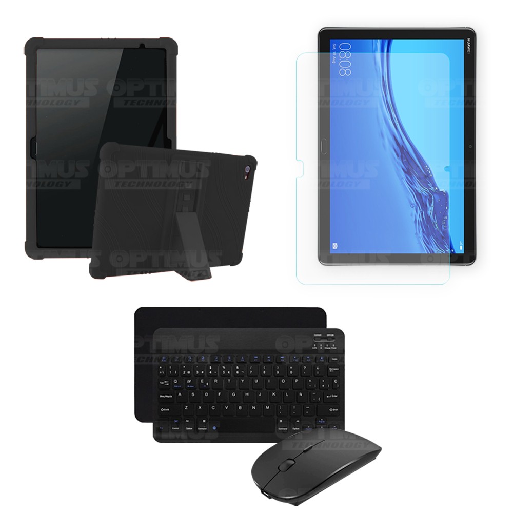 Kit Vidrio templado + Estuche Protector Goma + Teclado y Mouse Ratón Bluetooth para Tablet Huawei Mediapad M5 Lite 10.1 OPTIMUS