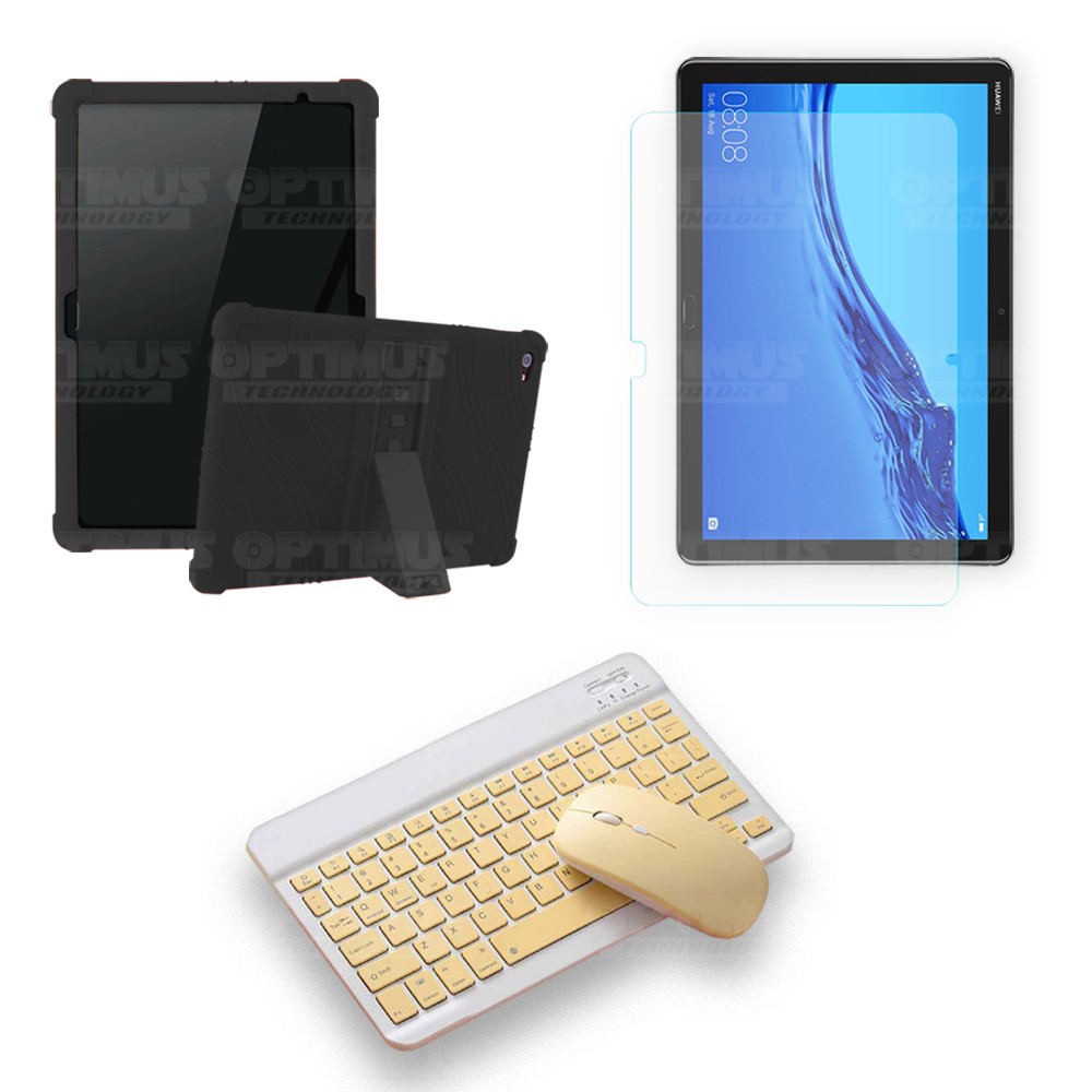 Kit Vidrio templado + Estuche Protector Goma + Teclado y Mouse Ratón Bluetooth para Tablet Huawei Mediapad M5 Lite 10.1 OPTIMUS