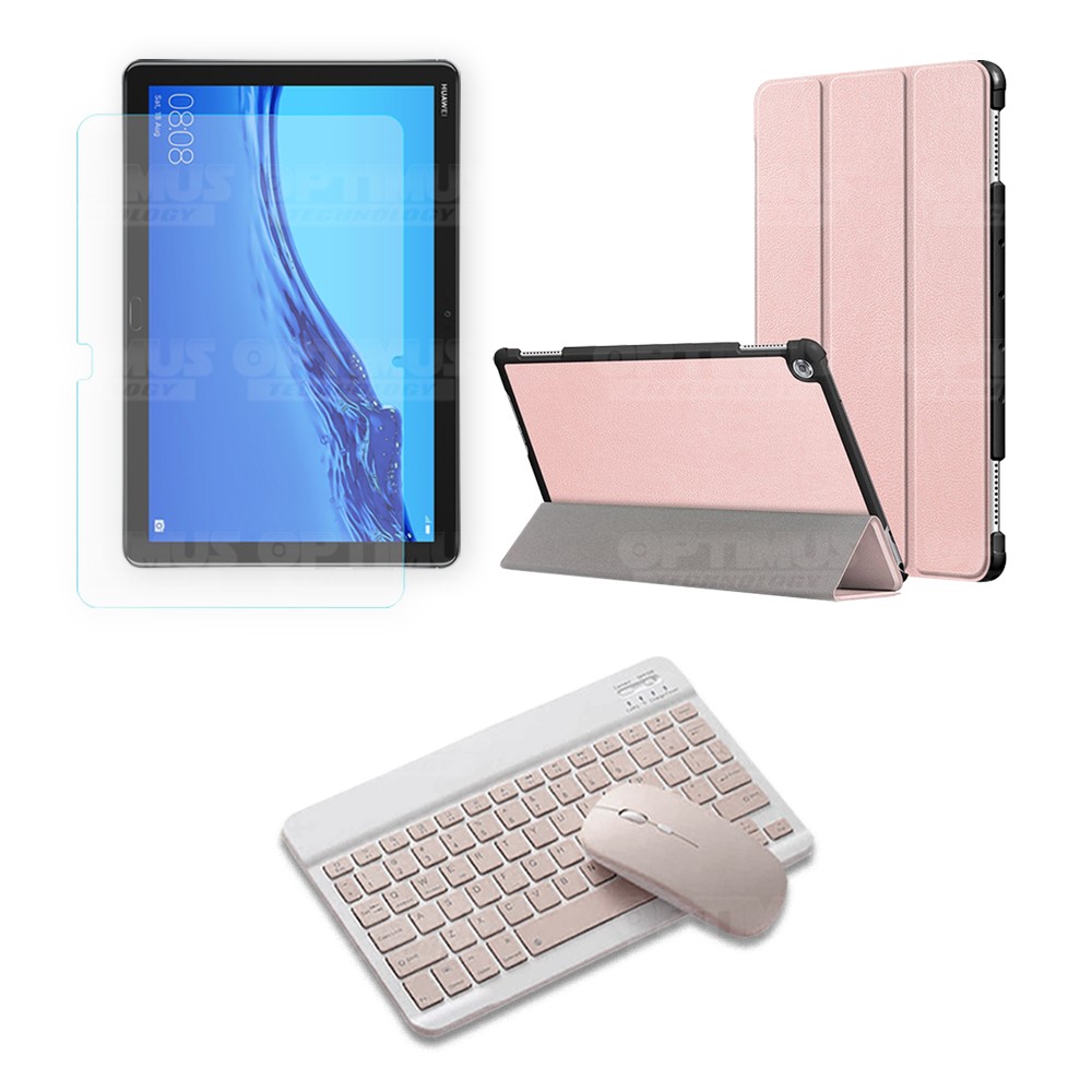 Kit Vidrio templado + Case Forro Protector + Teclado y Mouse Ratón Bluetooth para Tablet Huawei Mediapad M5 Lite 10.1 OPTIMUS TE