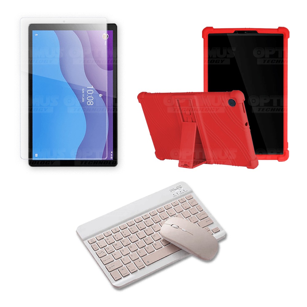 Kit Vidrio templado + Estuche Protector Goma + Teclado y Mouse Ratón Bluetooth para Tablet Lenovo M10 HD TB-X306 OPTIMUS TECHNOL