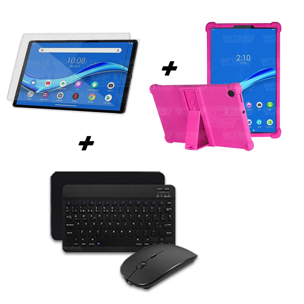 Kit Vidrio templado + Estuche Protector Goma + Teclado y Mouse Ratón Bluetooth para Tablet Lenovo M10 Plus Tb-x606f OPTIMUS TECH