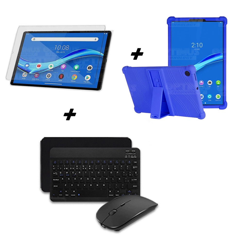 Kit Vidrio templado + Estuche Protector Goma + Teclado y Mouse Ratón Bluetooth para Tablet Lenovo M10 Plus Tb-x606f OPTIMUS TECH