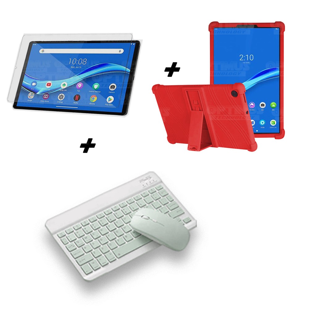 Kit Vidrio templado + Estuche Protector Goma + Teclado y Mouse Ratón Bluetooth para Tablet Lenovo M10 Plus Tb-x606f OPTIMUS TECH