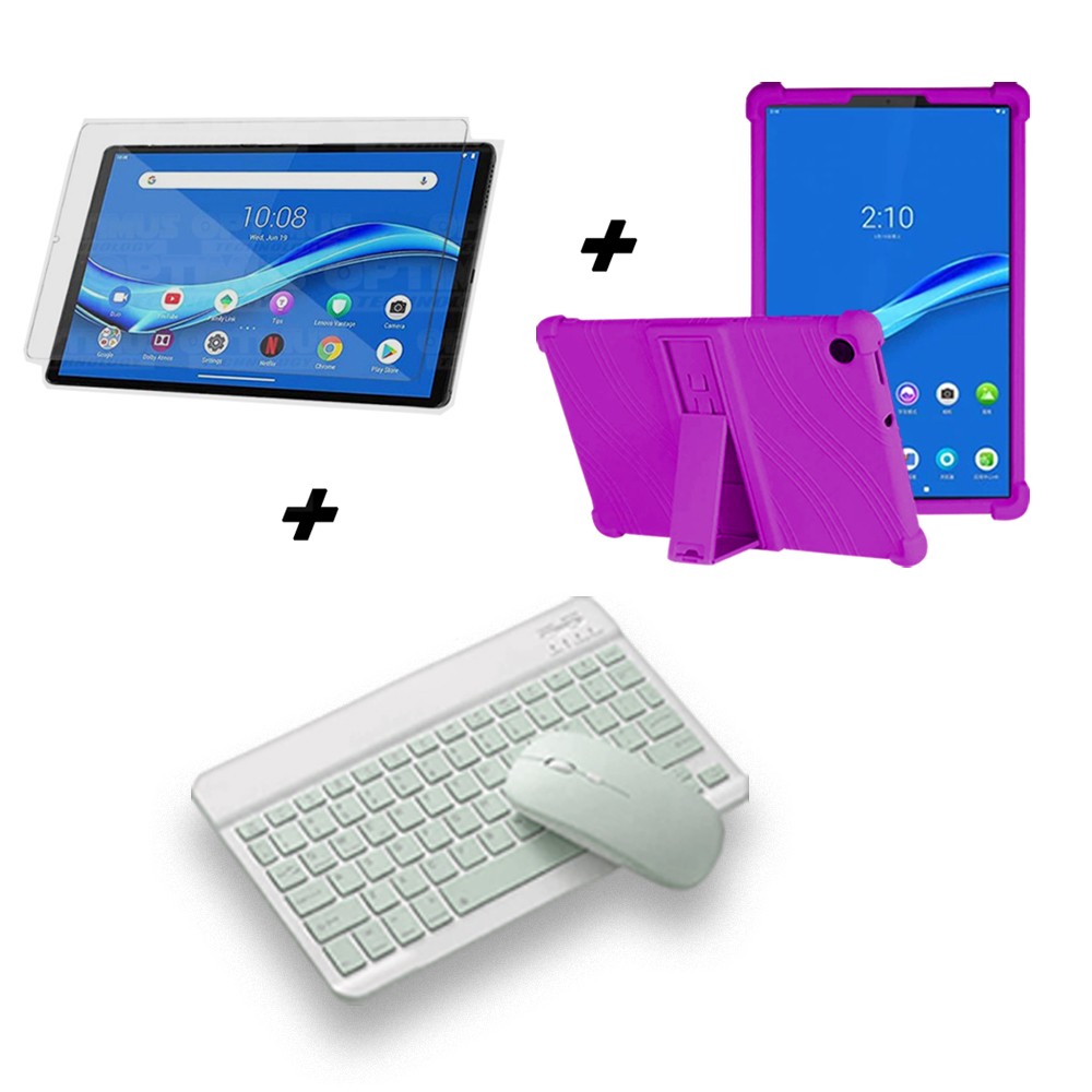 Kit Vidrio templado + Estuche Protector Goma + Teclado y Mouse Ratón Bluetooth para Tablet Lenovo M10 Plus Tb-x606f OPTIMUS TECH