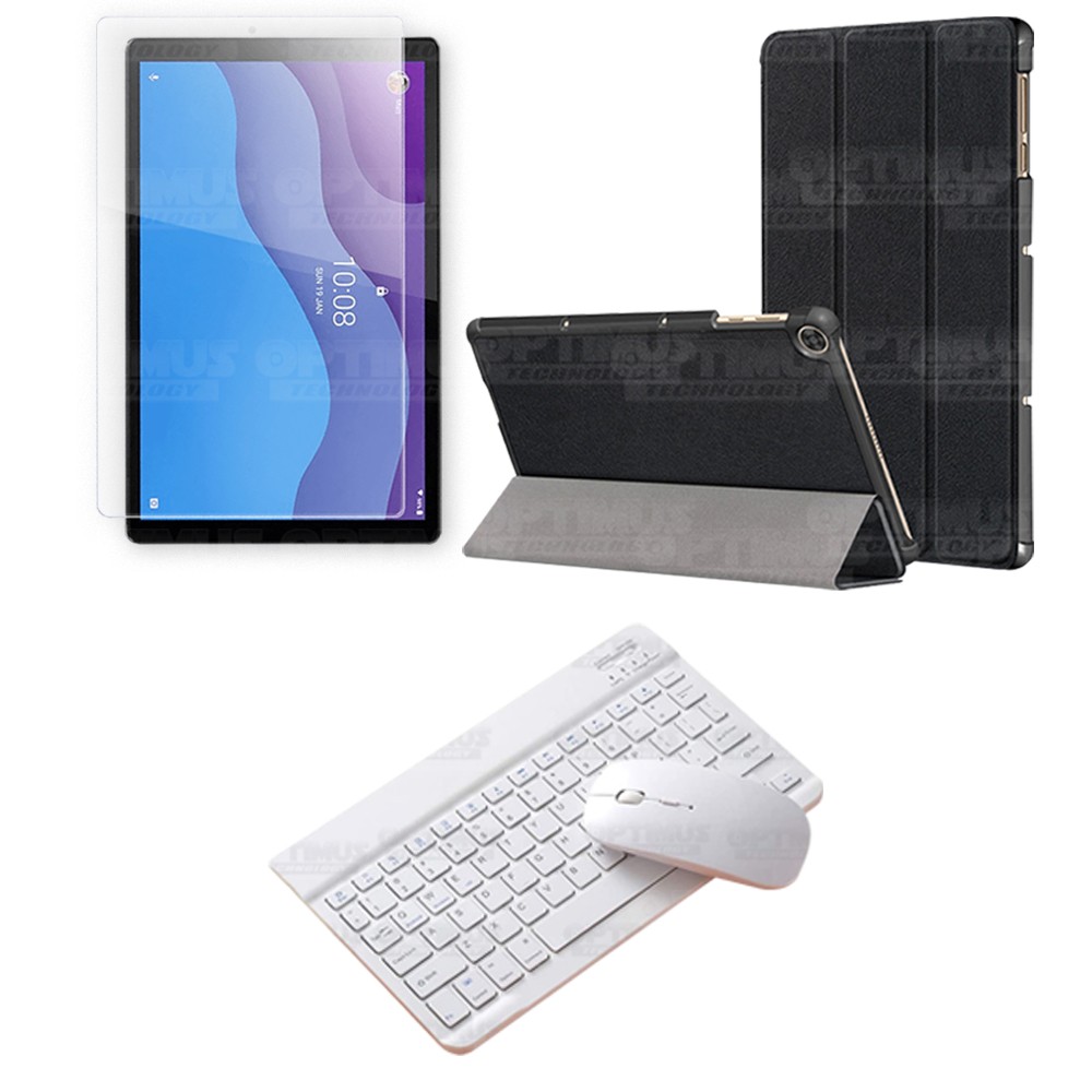 Kit Vidrio templado + Case Forro Protector + Teclado y Mouse Ratón Bluetooth para Tablet Lenovo M10 HD TB-X306 OPTIMUS TECHNOLOG