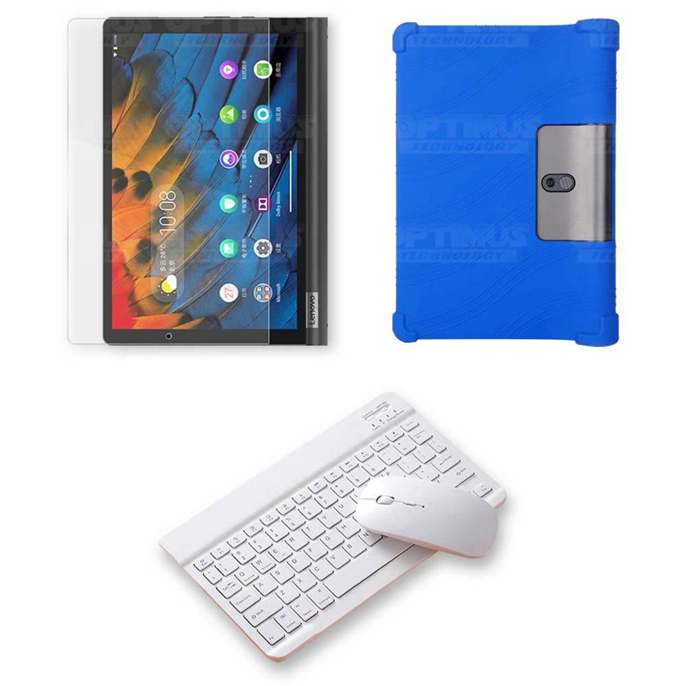 Kit Vidrio templado + Estuche Protector Goma + Teclado y Mouse Ratón Bluetooth para Tablet Lenovo Yoga Smart Tab Yt-x 705f OPTIM
