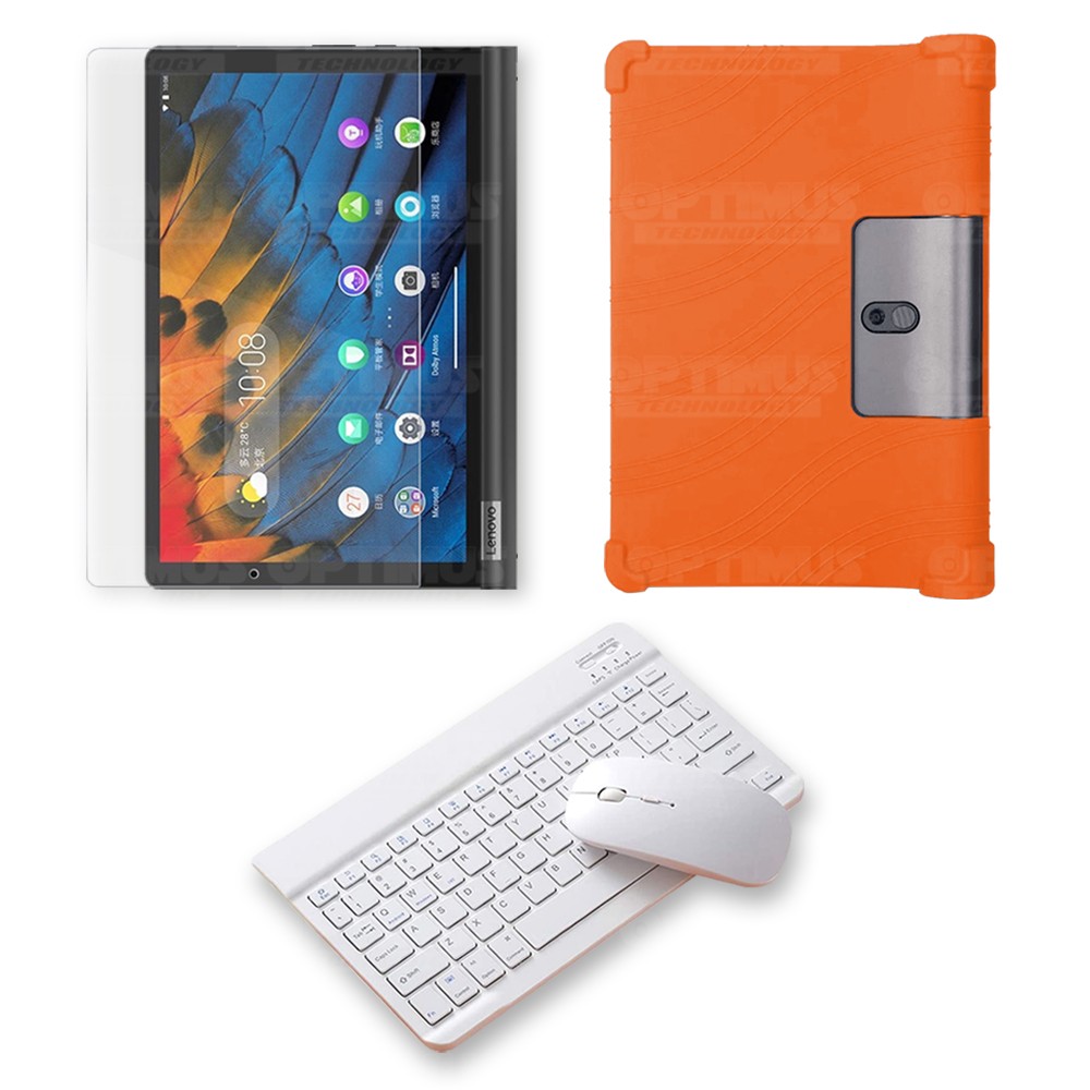 Kit Vidrio templado + Estuche Protector Goma + Teclado y Mouse Ratón Bluetooth para Tablet Lenovo Yoga Smart Tab Yt-x 705f OPTIM