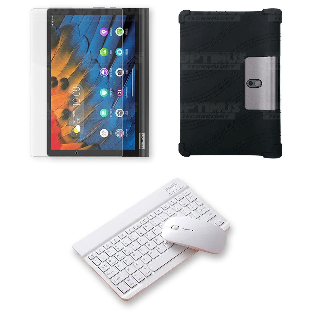Kit Vidrio templado + Estuche Protector Goma + Teclado y Mouse Ratón Bluetooth para Tablet Lenovo Yoga Smart Tab Yt-x 705f OPTIM