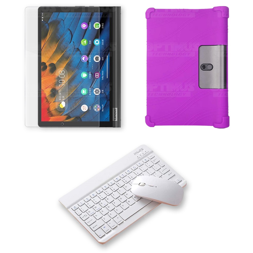 Kit Vidrio templado + Estuche Protector Goma + Teclado y Mouse Ratón Bluetooth para Tablet Lenovo Yoga Smart Tab Yt-x 705f OPTIM