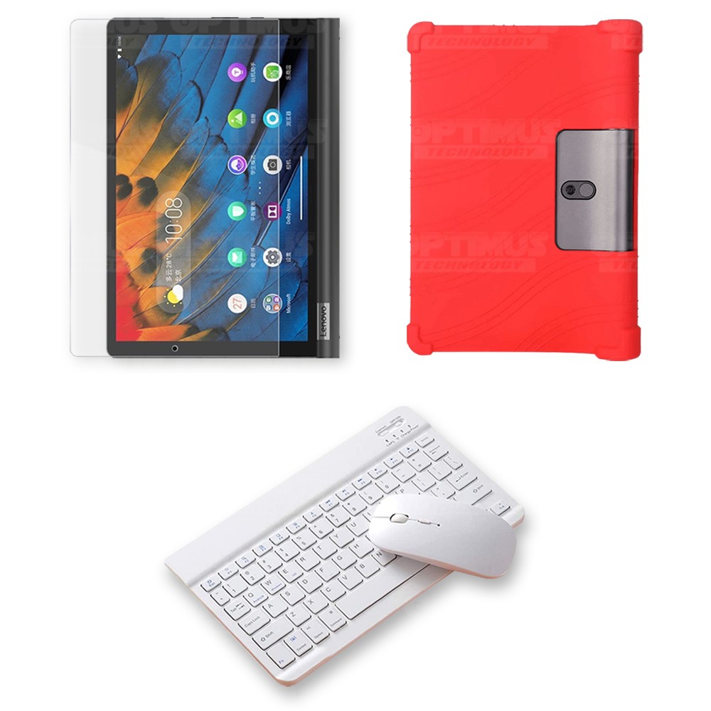 Kit Vidrio templado + Estuche Protector Goma + Teclado y Mouse Ratón Bluetooth para Tablet Lenovo Yoga Smart Tab Yt-x 705f OPTIM