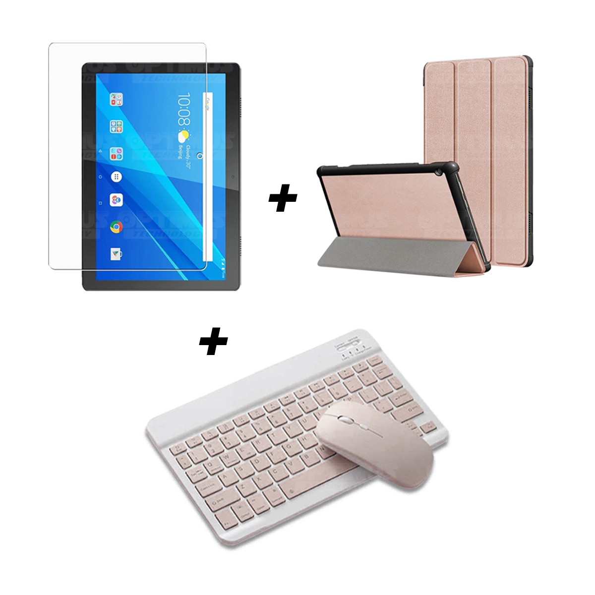 Kit Vidrio templado + Case Forro Protector + Teclado y Mouse Ratón Bluetooth para Tablet Lenovo m10 tb-x505f OPTIMUS TECHNOLOGY™