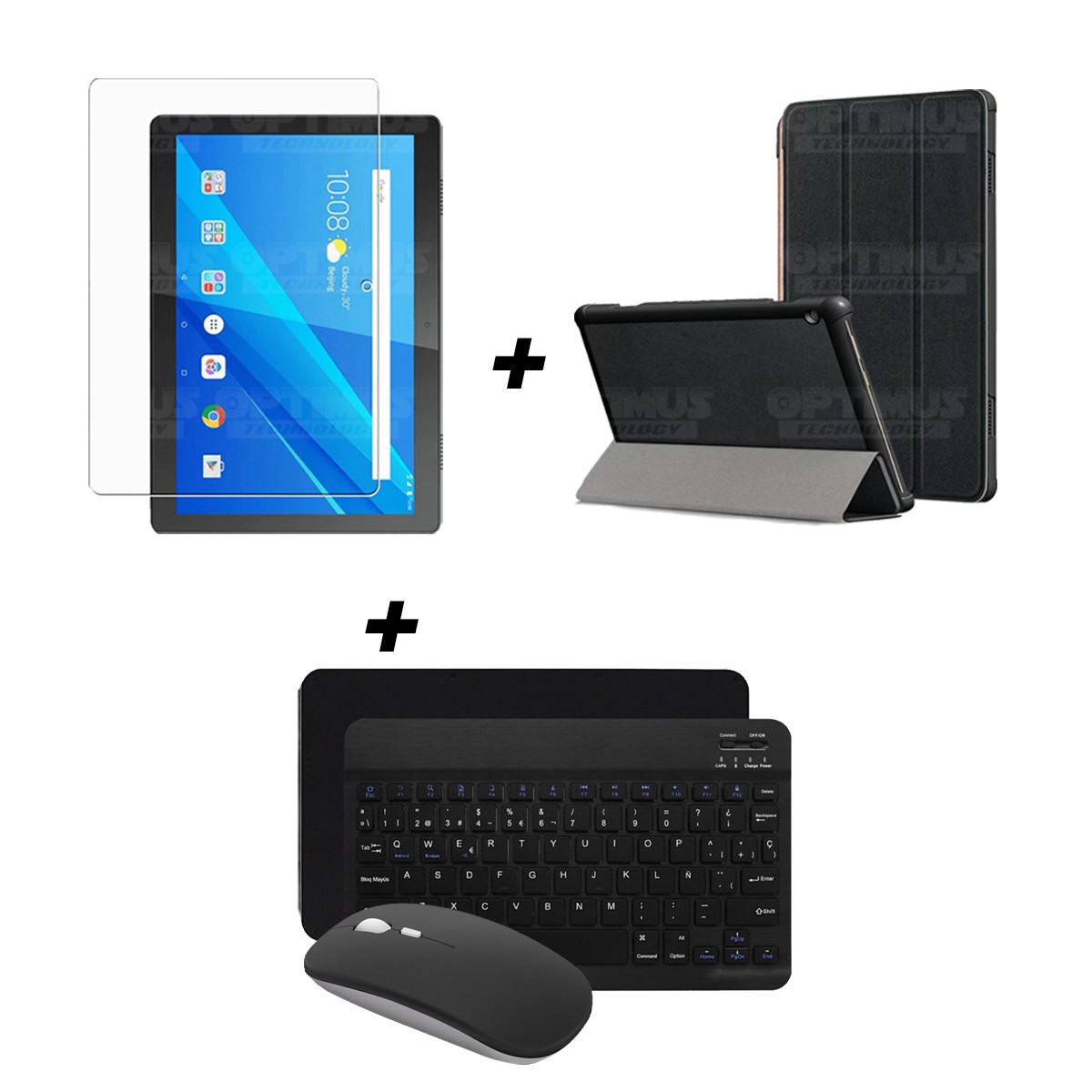 Kit Vidrio templado + Case Forro Protector + Teclado y Mouse Ratón Bluetooth para Tablet Lenovo m10 tb-x505f OPTIMUS TECHNOLOGY™