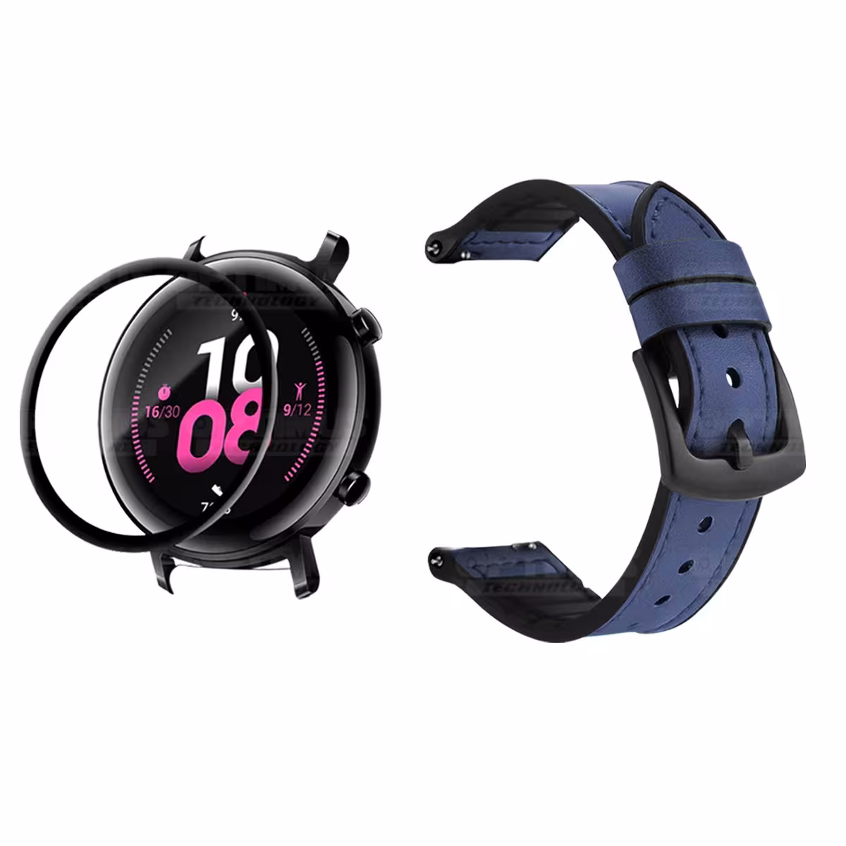 KIT Correa Manilla de cuero leather y Vidrio templado cerámico para Reloj Smartwatch Huawei GT2 42mm OPTIMUS TECHNOLOGY™ - 1