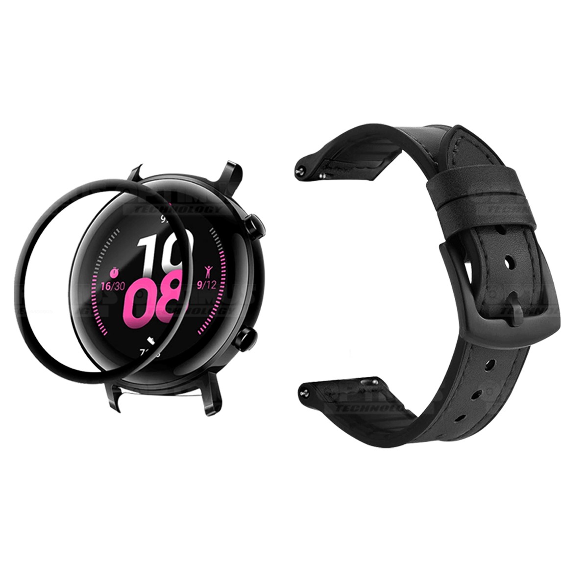 KIT Correa Manilla de cuero leather y Vidrio templado cerámico para Reloj Smartwatch Huawei GT2 42mm OPTIMUS TECHNOLOGY™ - 5