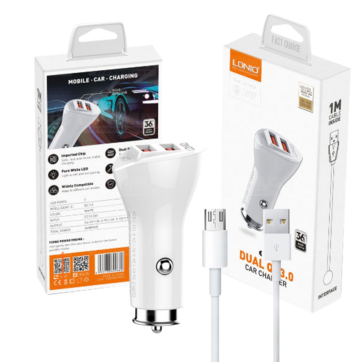 Cargador para carro automóvil Vehículos Camiones de dos puertos USB QC 3.0 con cable de datos LIDNIO Charger LDNIO / LONIO COLOM