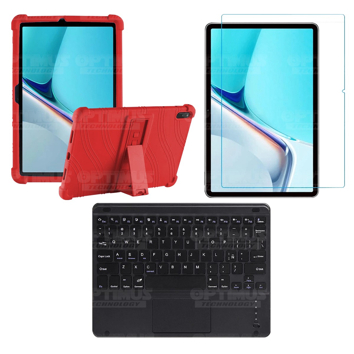 Kit Vidrio templado + Estuche Protector Goma + Teclado con Mouse Touchpad Bluetooth Tablet Huawei MatePad 11 2021 DBY-W09 OPTIMU