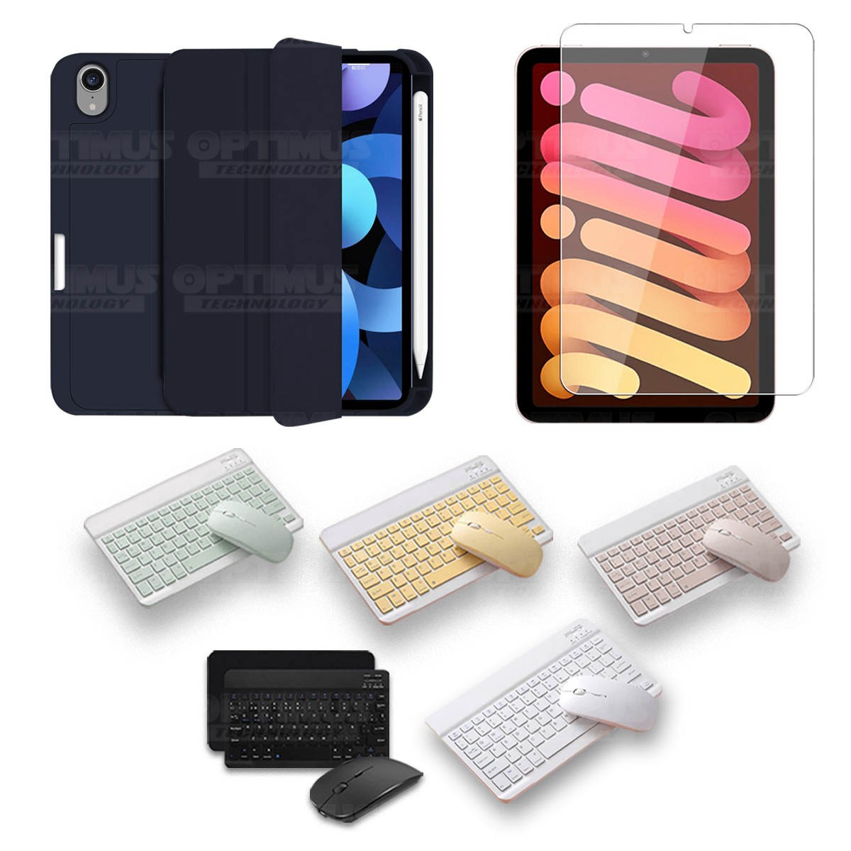 Kit Vidrio templado + Estuche Protector portalápiz + Teclado y Mouse Bluetooth para Tablet IPad Mini 6 2021 OPTIMUS TECHNOLOGY™