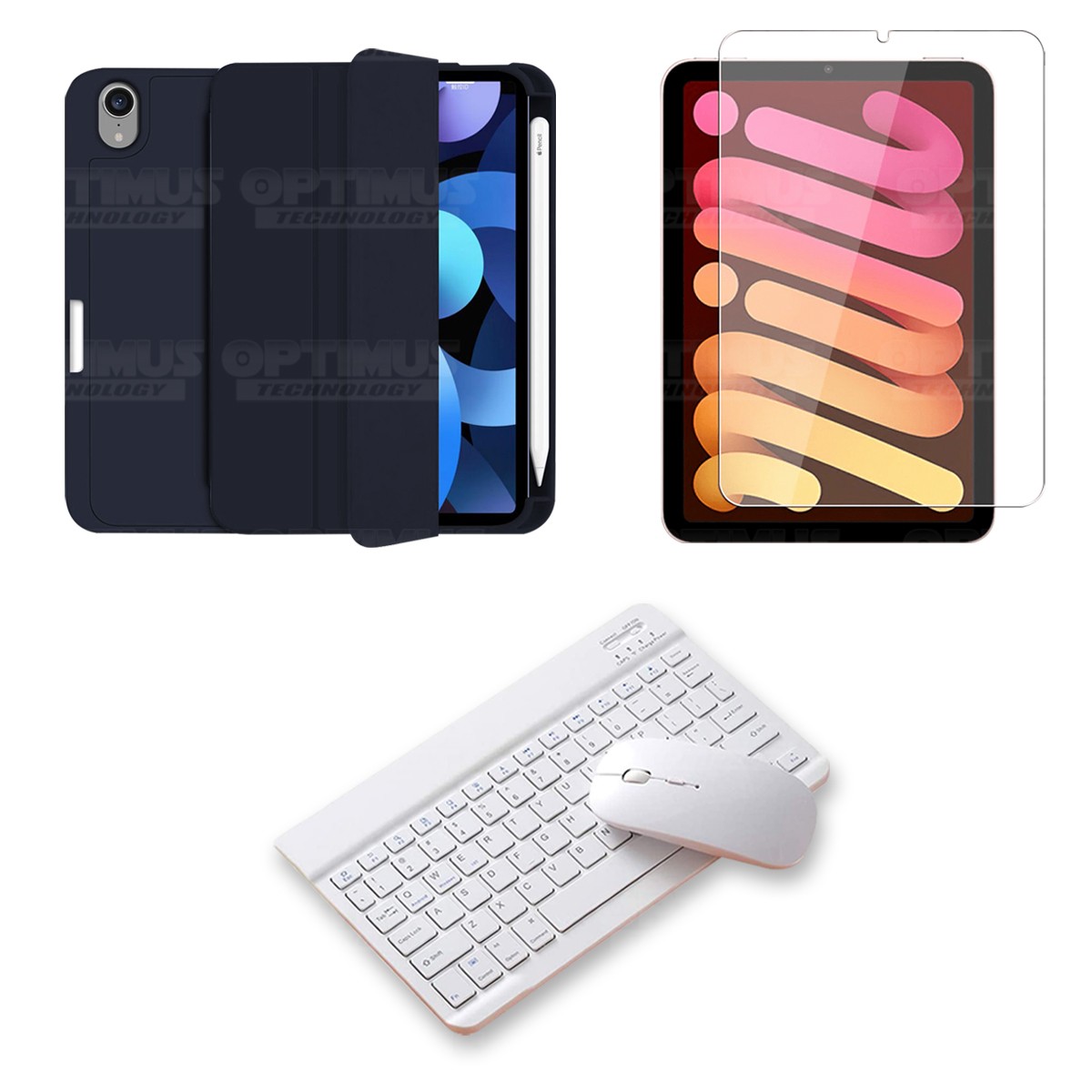 Kit Vidrio templado + Estuche Protector portalápiz + Teclado y Mouse Bluetooth para Tablet IPad Mini 6 2021 OPTIMUS TECHNOLOGY™