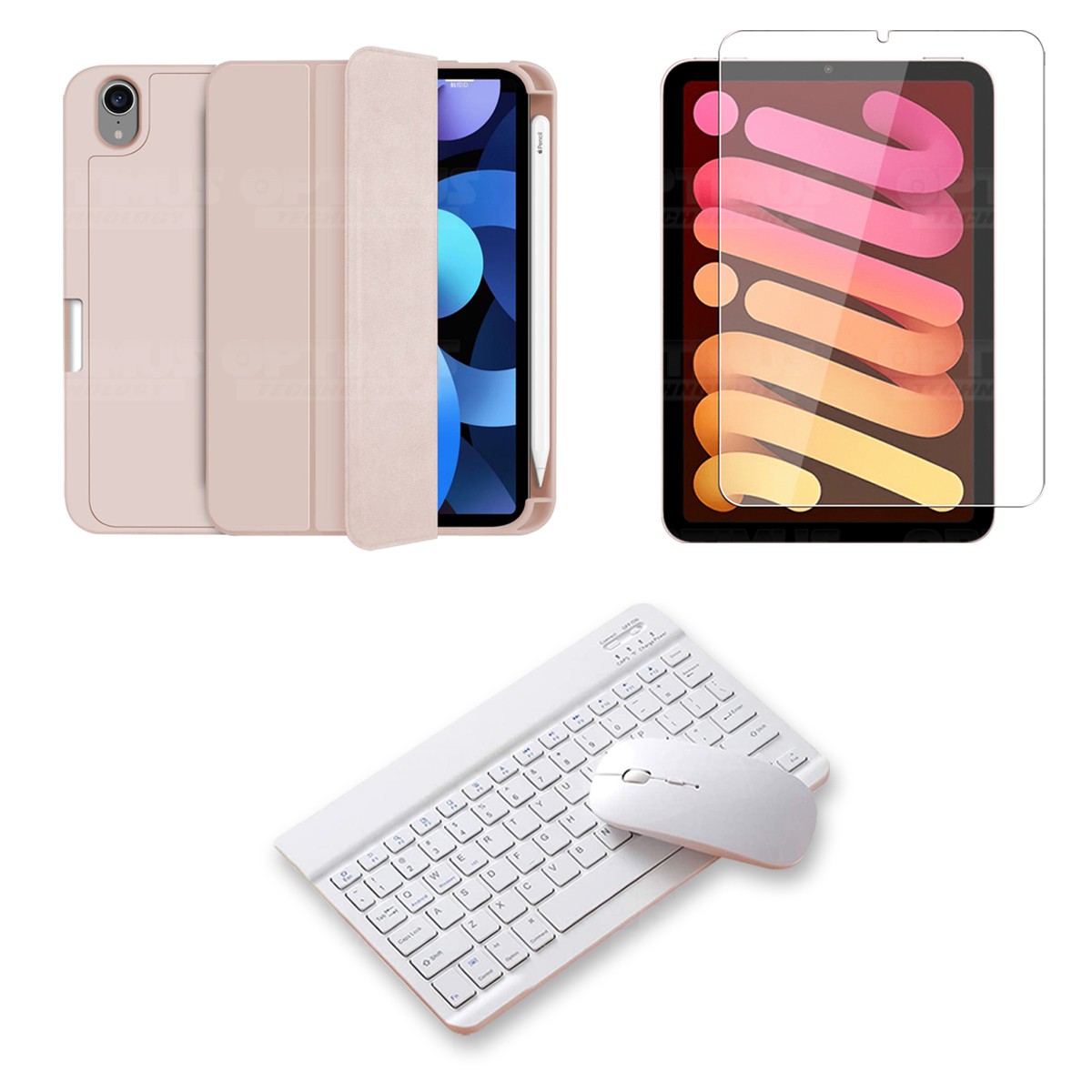 Kit Vidrio templado + Estuche Protector portalápiz + Teclado y Mouse Bluetooth para Tablet IPad Mini 6 2021 OPTIMUS TECHNOLOGY™