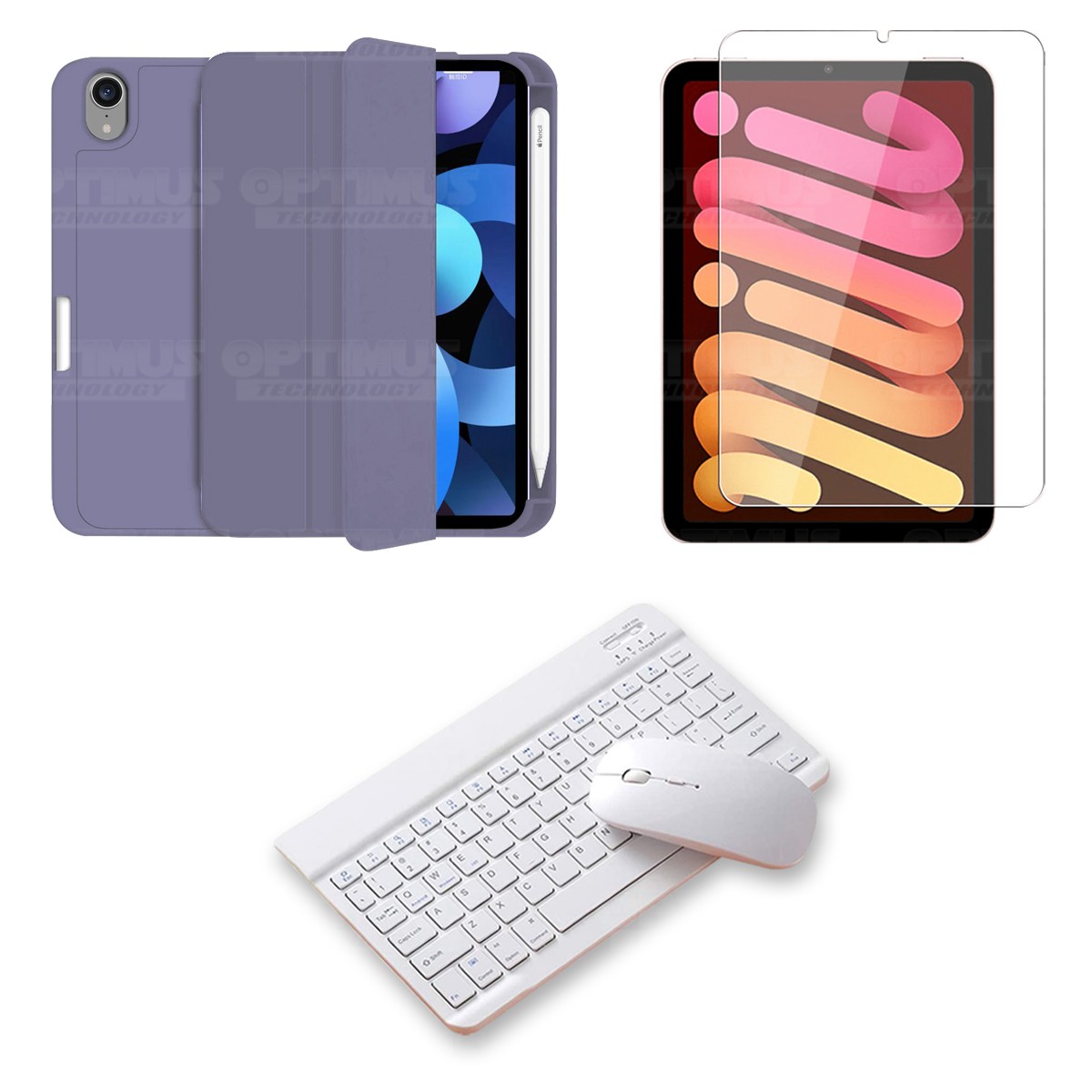 Kit Vidrio templado + Estuche Protector portalápiz + Teclado y Mouse Bluetooth para Tablet IPad Mini 6 2021 OPTIMUS TECHNOLOGY™