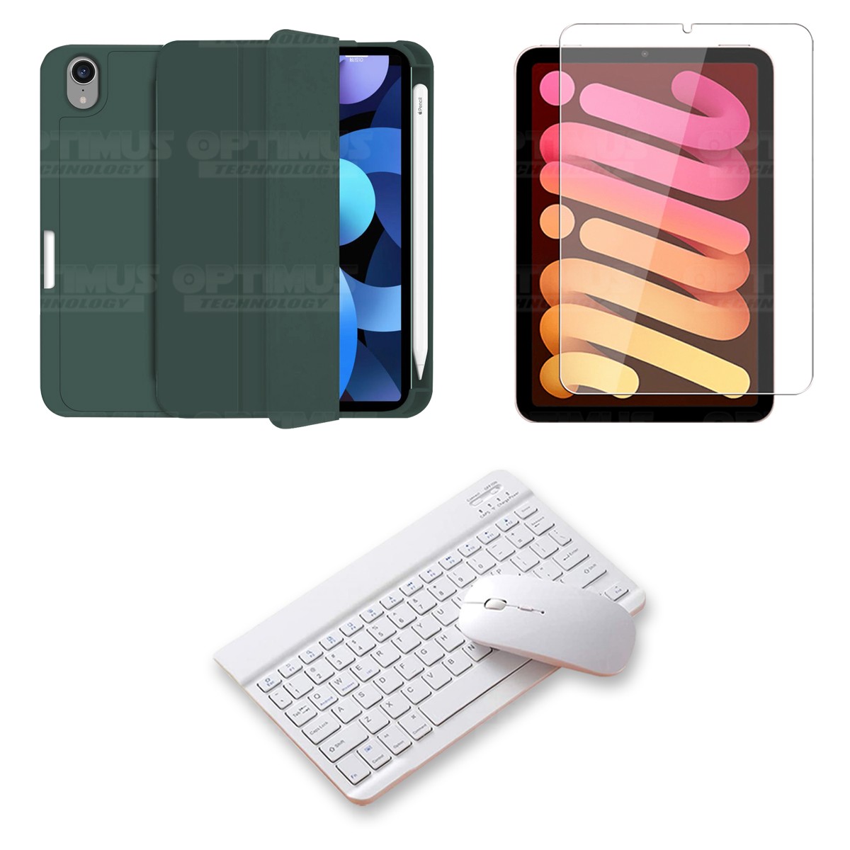 Kit Vidrio templado + Estuche Protector portalápiz + Teclado y Mouse Bluetooth para Tablet IPad Mini 6 2021 OPTIMUS TECHNOLOGY™