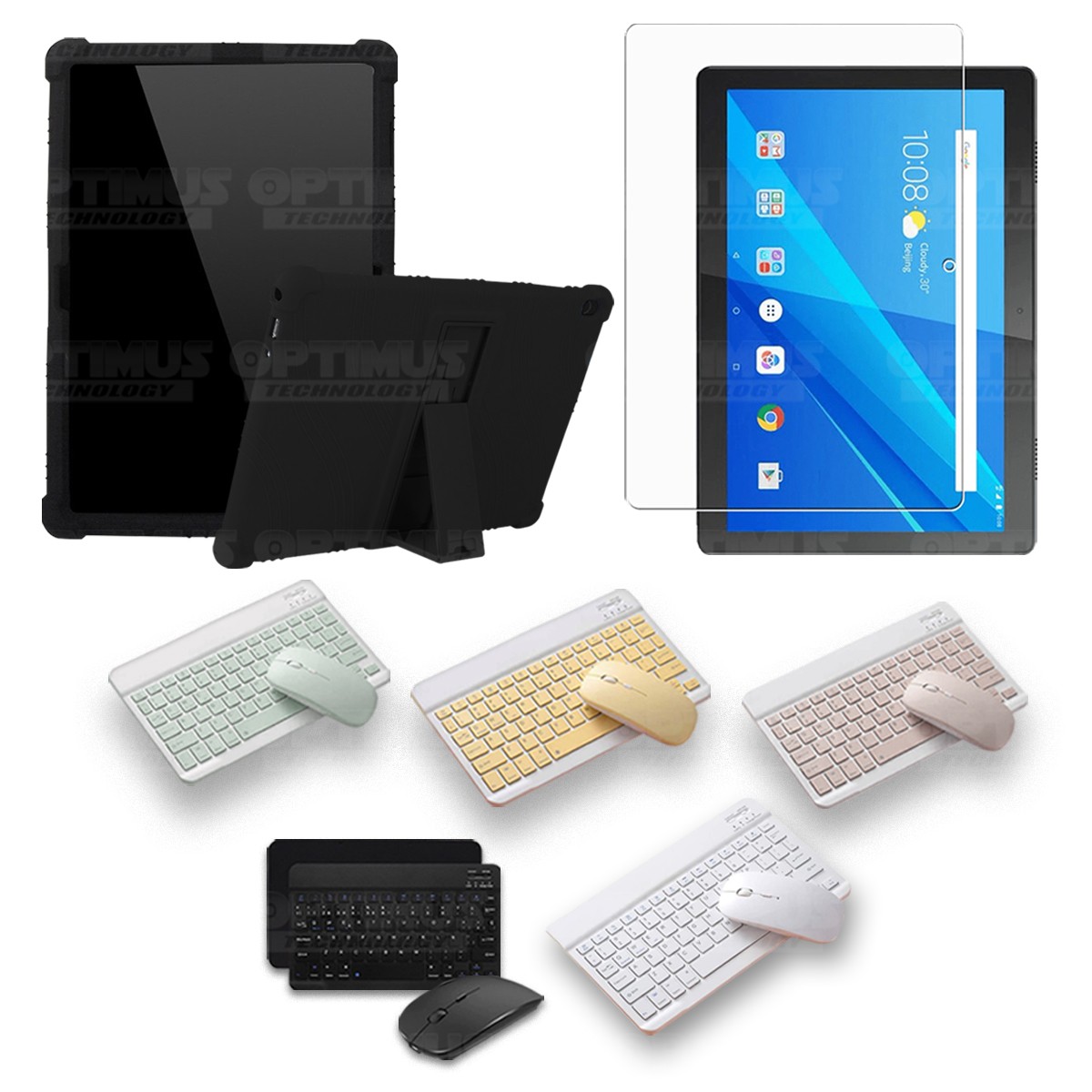 Kit Vidrio templado + Estuche Protector Goma + Teclado y Mouse Bluetooth para Tablet Lenovo Tab M10 Tb-x505f OPTIMUS TECHNOLOGY™
