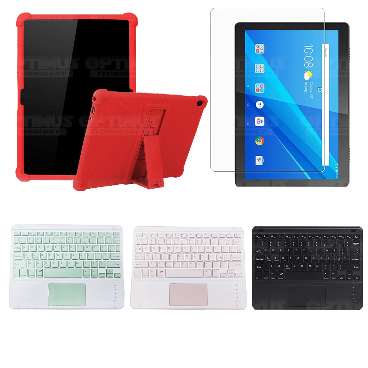 Kit Vidrio templado + Estuche Protector Goma + Teclado con Mouse Touchpad Bluetooth Tablet Lenovo Tab M10 Tb-x505f OPTIMUS TECHN