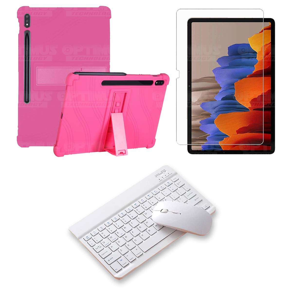 Kit Vidrio templado + Estuche Protector Goma + Teclado y Mouse Bluetooth para Tablet Samsung Galaxy Tab S7 Plus 12.4 Pulgadas OP