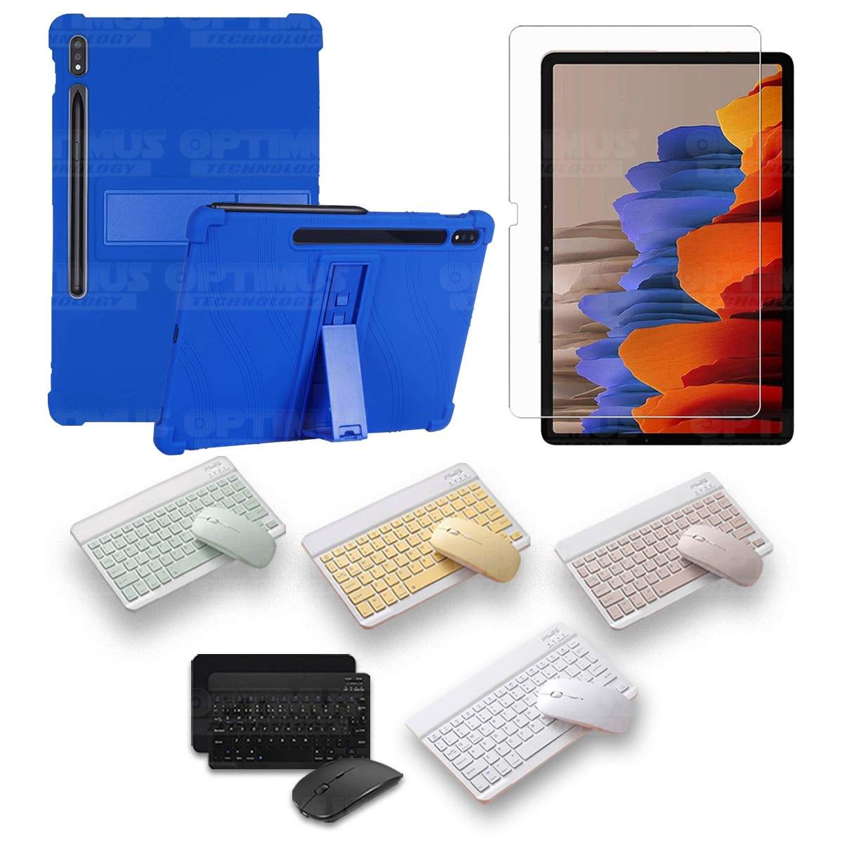 Kit Vidrio templado + Estuche Protector Goma + Teclado y Mouse Bluetooth para Tablet Samsung Galaxy Tab S7 Plus 12.4 Pulgadas OP