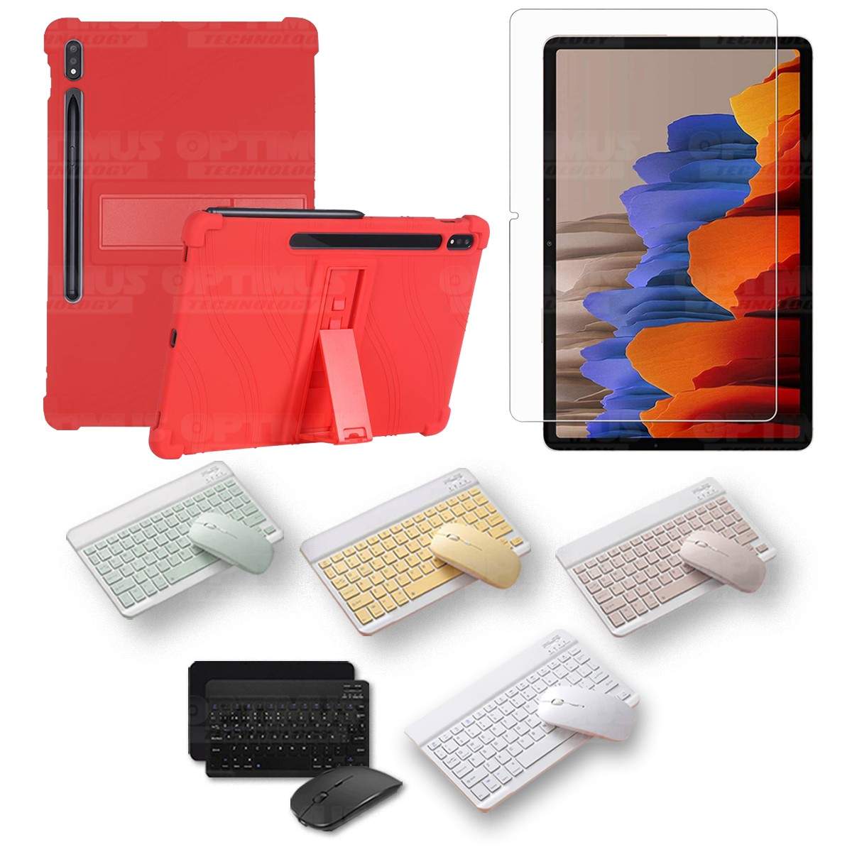 Kit Vidrio templado + Estuche Protector Goma + Teclado y Mouse Bluetooth para Tablet Samsung Galaxy Tab S7 Wifi 11 Pulgadas OPTI