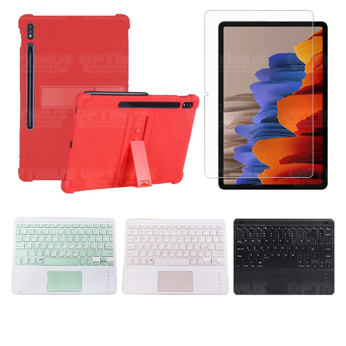 Kit Vidrio templado + Estuche Protector + Teclado con Mouse Touchpad Bluetooth Tablet Samsung Galaxy Tab S7 Wifi 11 Pulgadas OPT
