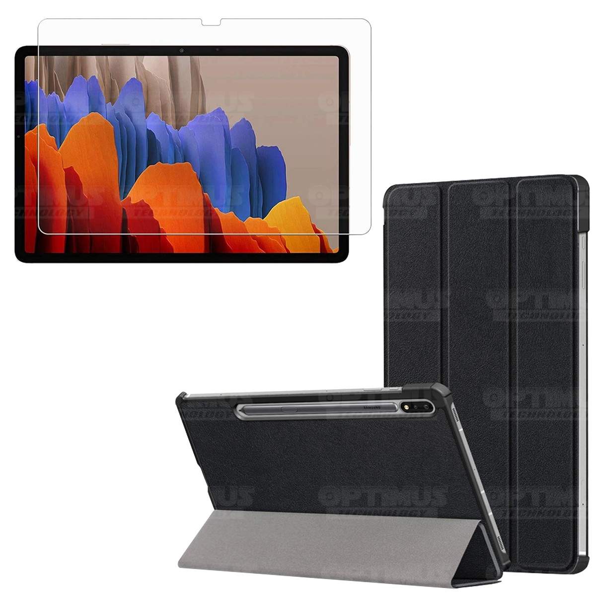 Kit Vidrio Cristal Templado Y Estuche Case Protector para Tablet Samsung Galaxy Tab S7 Plus SM-T970 12.4 Pulgadas 128GB OPTIMUS