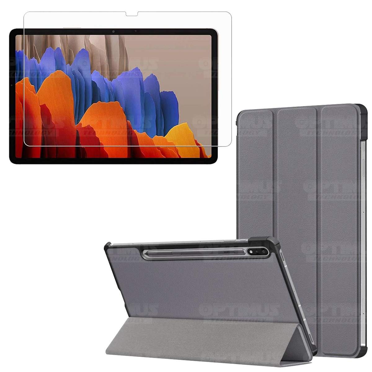 Kit Vidrio Cristal Templado Y Estuche Case Protector para Tablet Samsung Galaxy Tab S7 Plus SM-T970 12.4 Pulgadas 128GB OPTIMUS