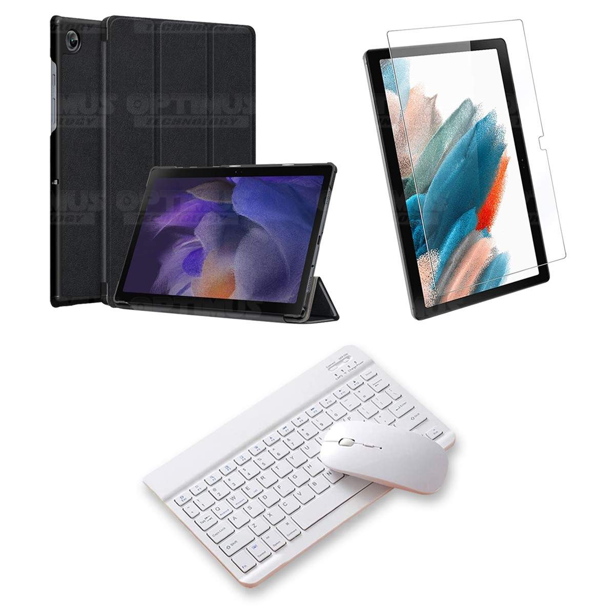 Kit Vidrio templado + Case Protector + Teclado y Mouse Bluetooth Tablet Samsung Galaxy Tab A8 10.5 2021 SM-x200, SM-x205 OPTIMUS