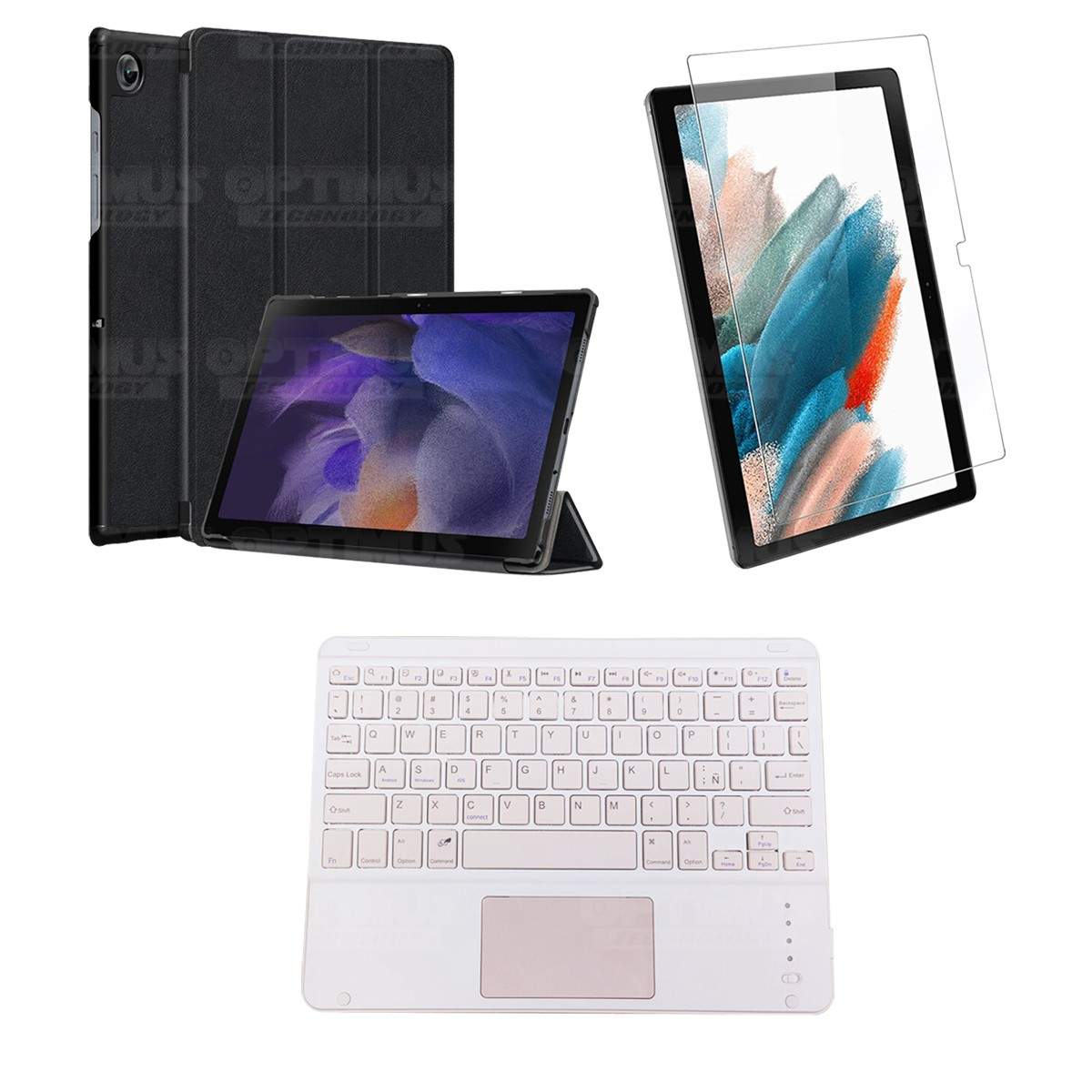 Kit Vidrio templado + Case Protector + Teclado Touchpad Bluetooth Tablet Samsung Galaxy Tab A8 10.5 2021 SM-x200, SM-x205 OPTIMU