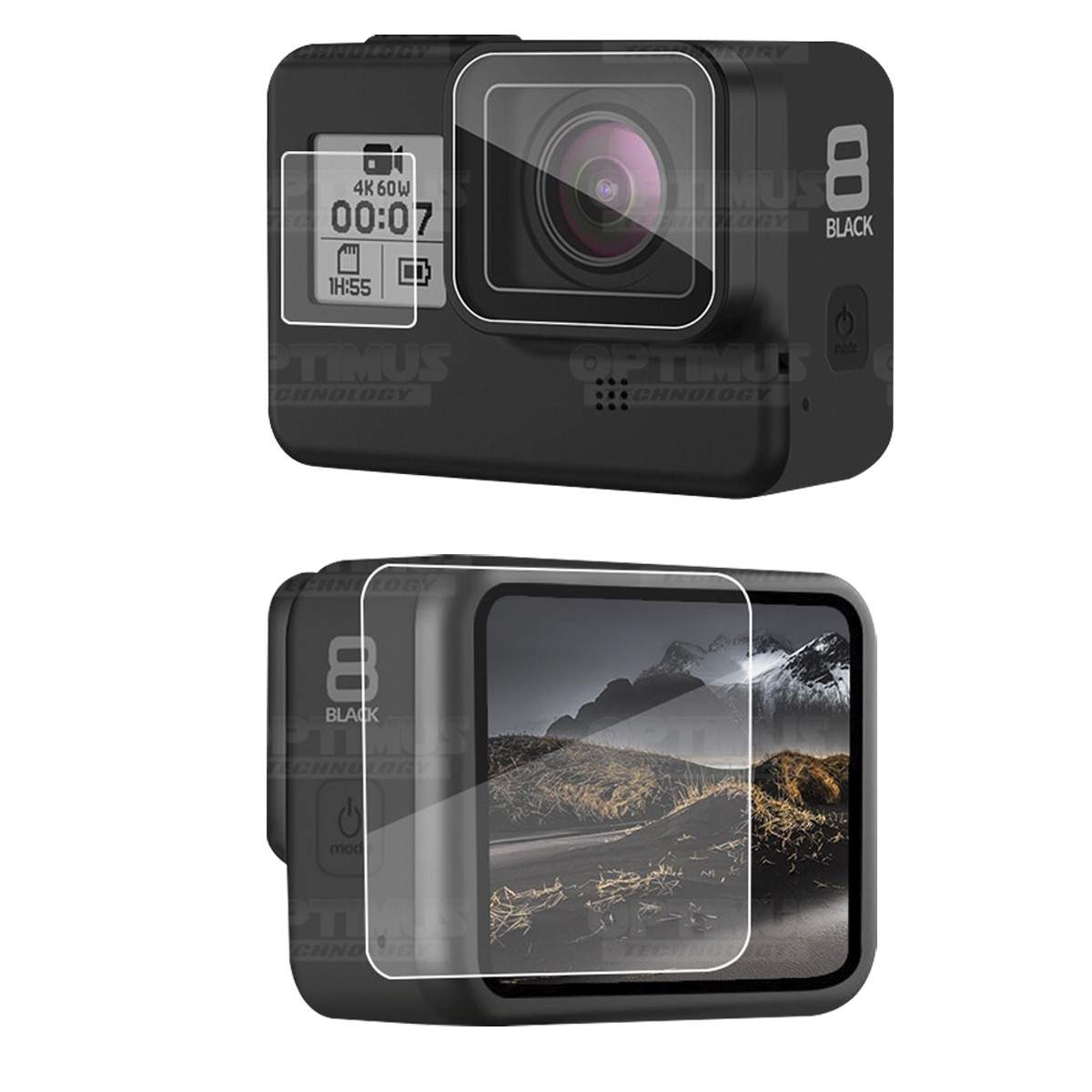 Kit de protectores Vidrio Templado Lente y Display + Buff Screen Display frontal para cámara Go Pro Hero 8 OPTIMUS TECHNOLOGY™ -