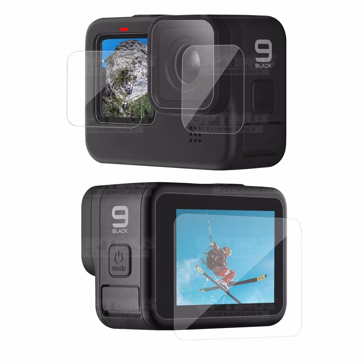Kit de Tres protectores Vidrio Templado Lente, Display Trasero y Display frontal para cámara Go Pro Hero 9 OPTIMUS TECHNOLOGY™ -