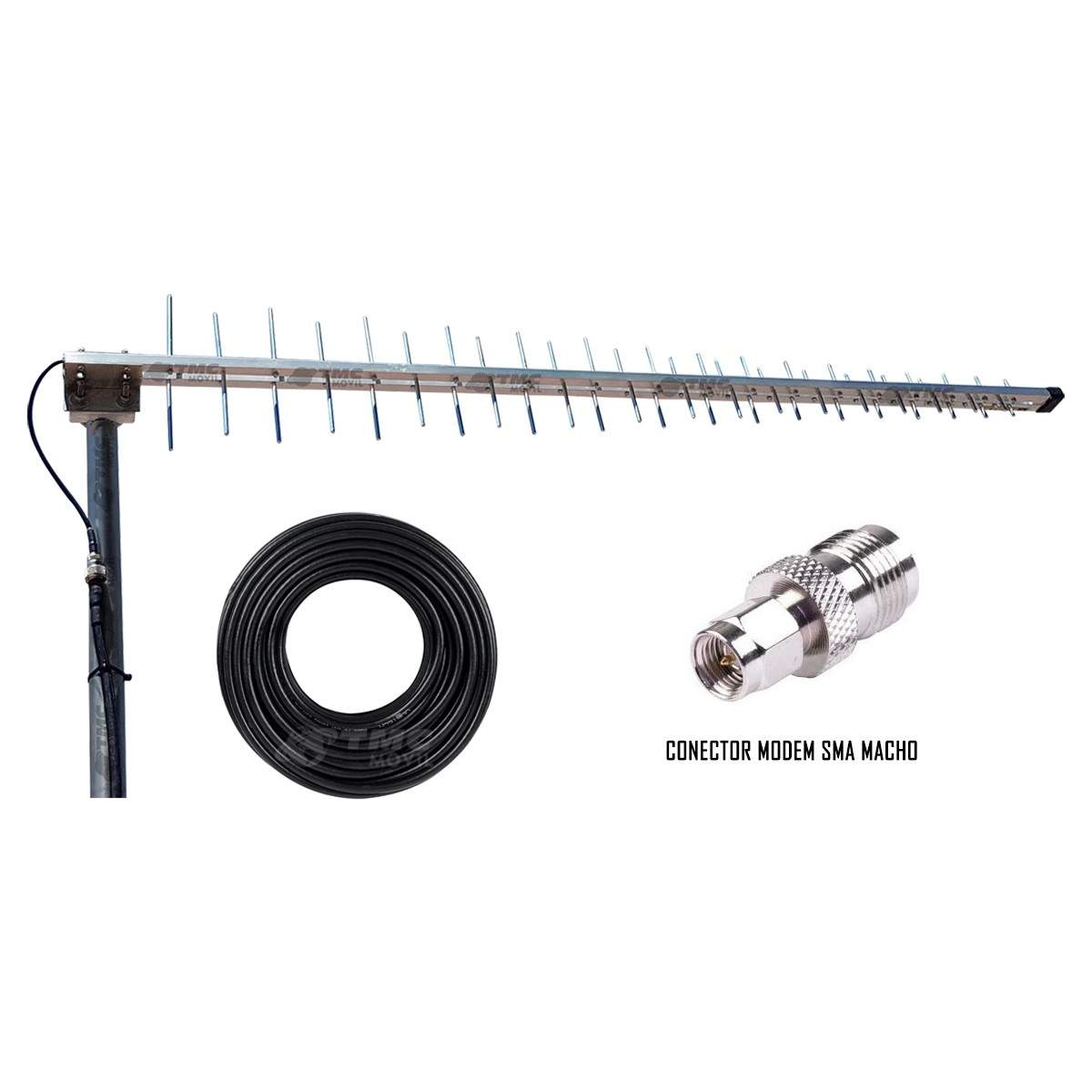Antena Amplificadora de señal Yagi TMC Multibanda Premium 4GLTE 65dB 700 - 2700 MHz + 15 metros de cable RG-6 TMC MOVIL - 1