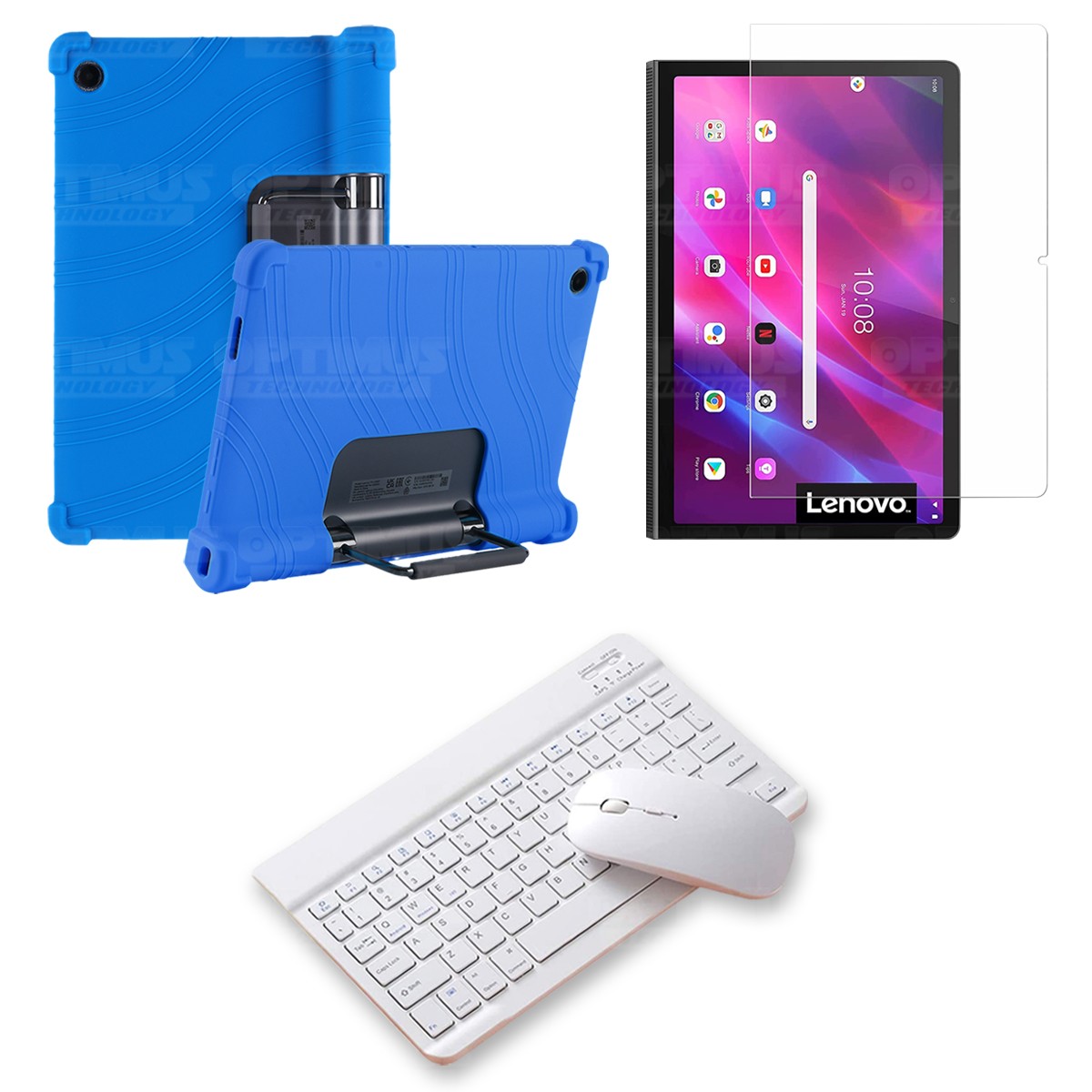 Kit Vidrio templado + Estuche Protector Goma + Teclado y Mouse Bluetooth para Tablet Lenovo Yoga Tab 11 2021 YT-J706F