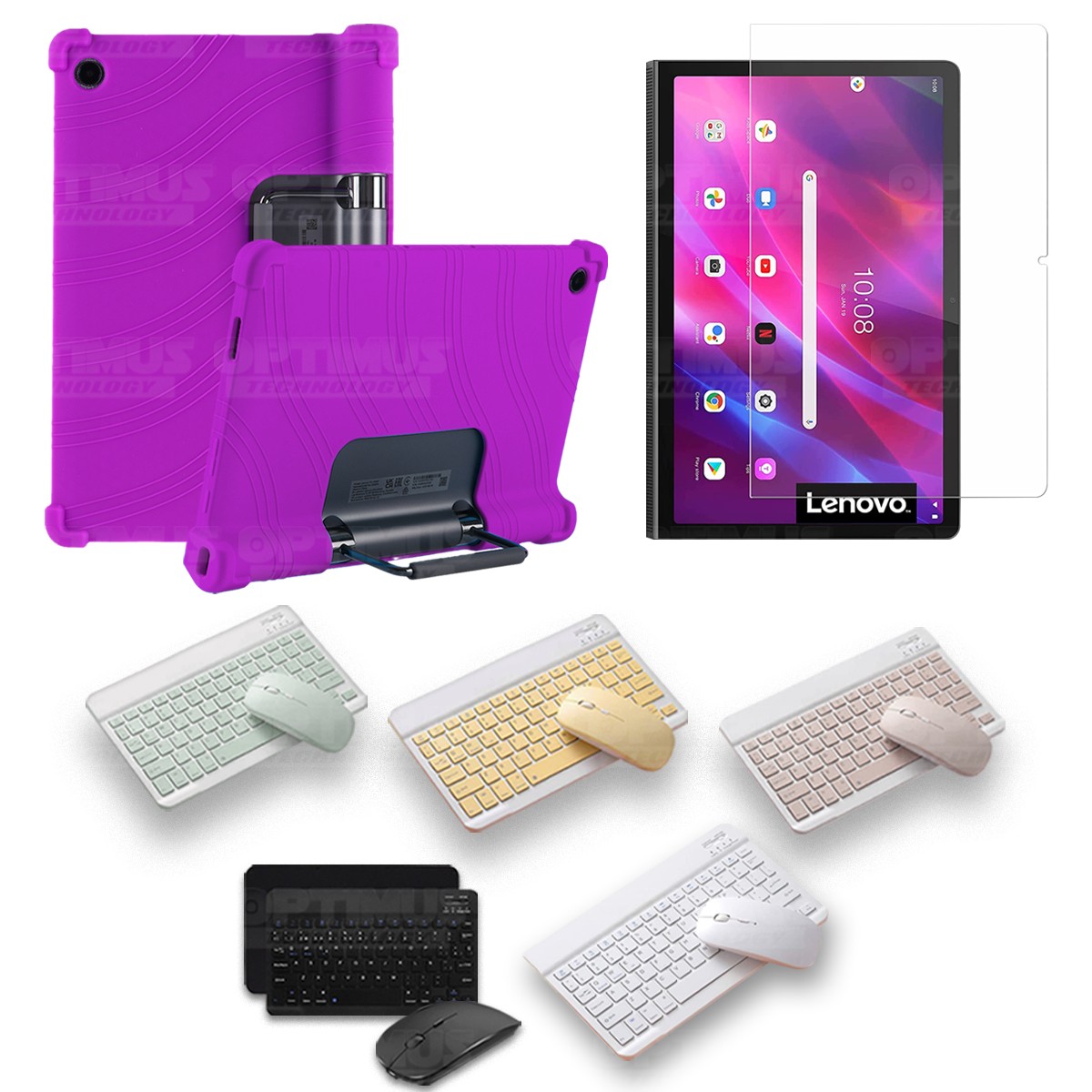 Kit Vidrio templado + Estuche Protector Goma + Teclado y Mouse Bluetooth para Tablet Lenovo Yoga Tab 11 2021 YT-J706F